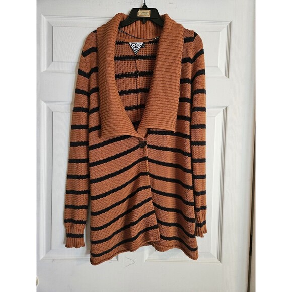 Volcom Womens Cardigan Sweater Lefty Loosey Wrap Stripe Burnt Orange Black XS S - Picture 1 of 5
